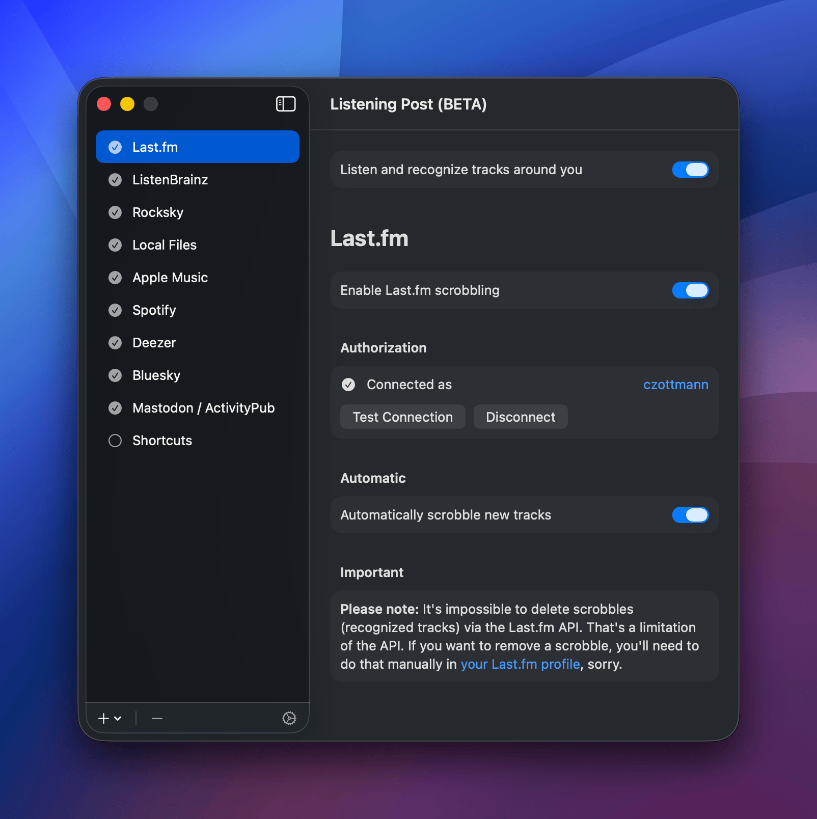 Screenshot of the Listening Post app window showing its channel configuration tab, with Last.fm selected.