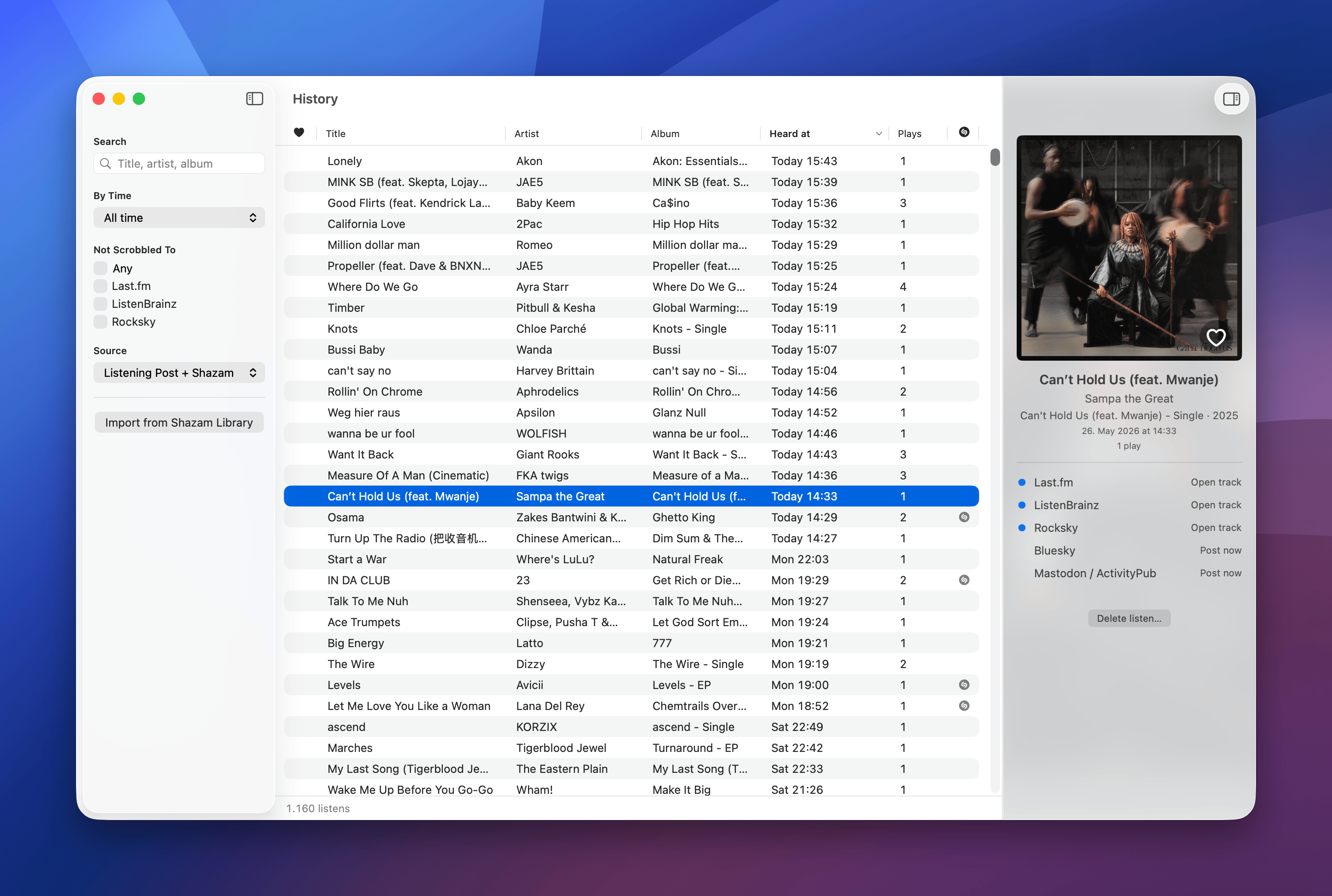 Screenshot of the Listening Post History Window showing recognized tracks with filter and search controls.