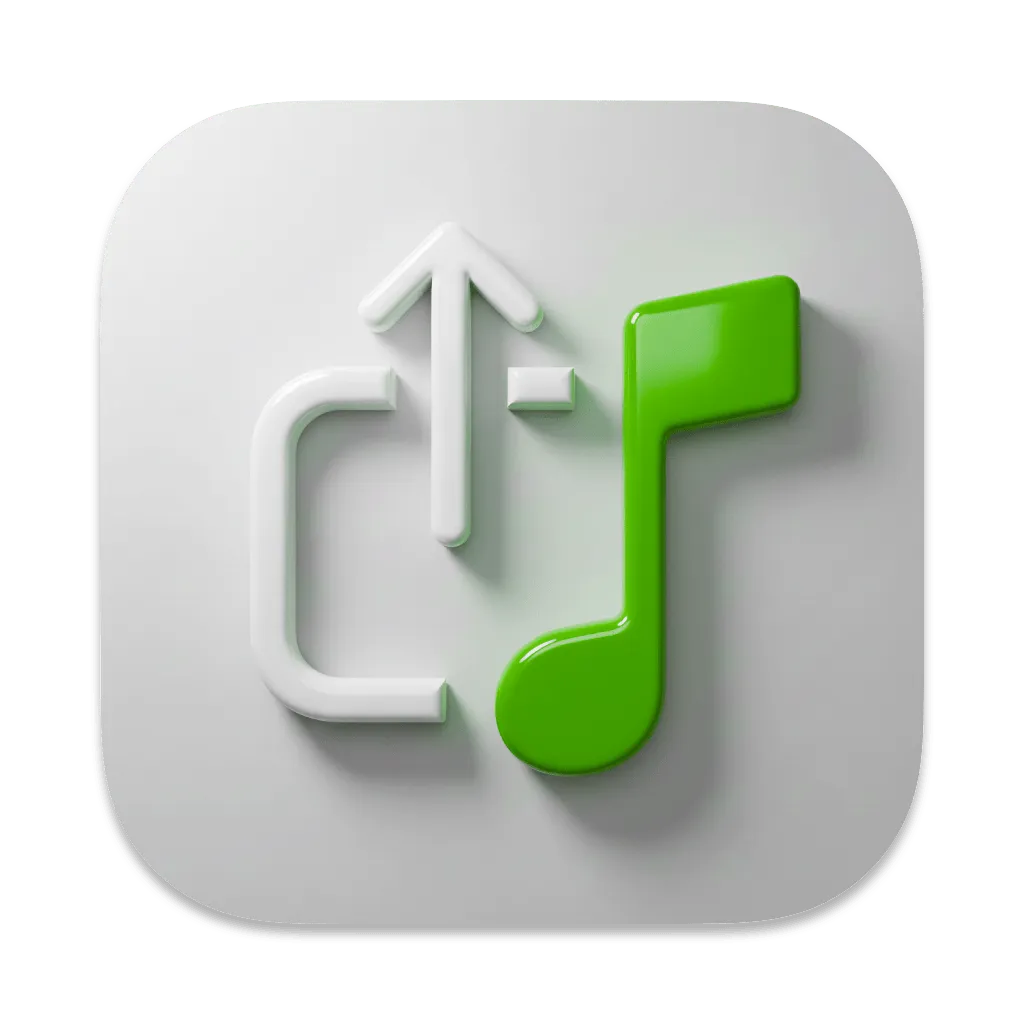 Listening Post app icon, a white upload arrow beside a green musical note on a light grey background