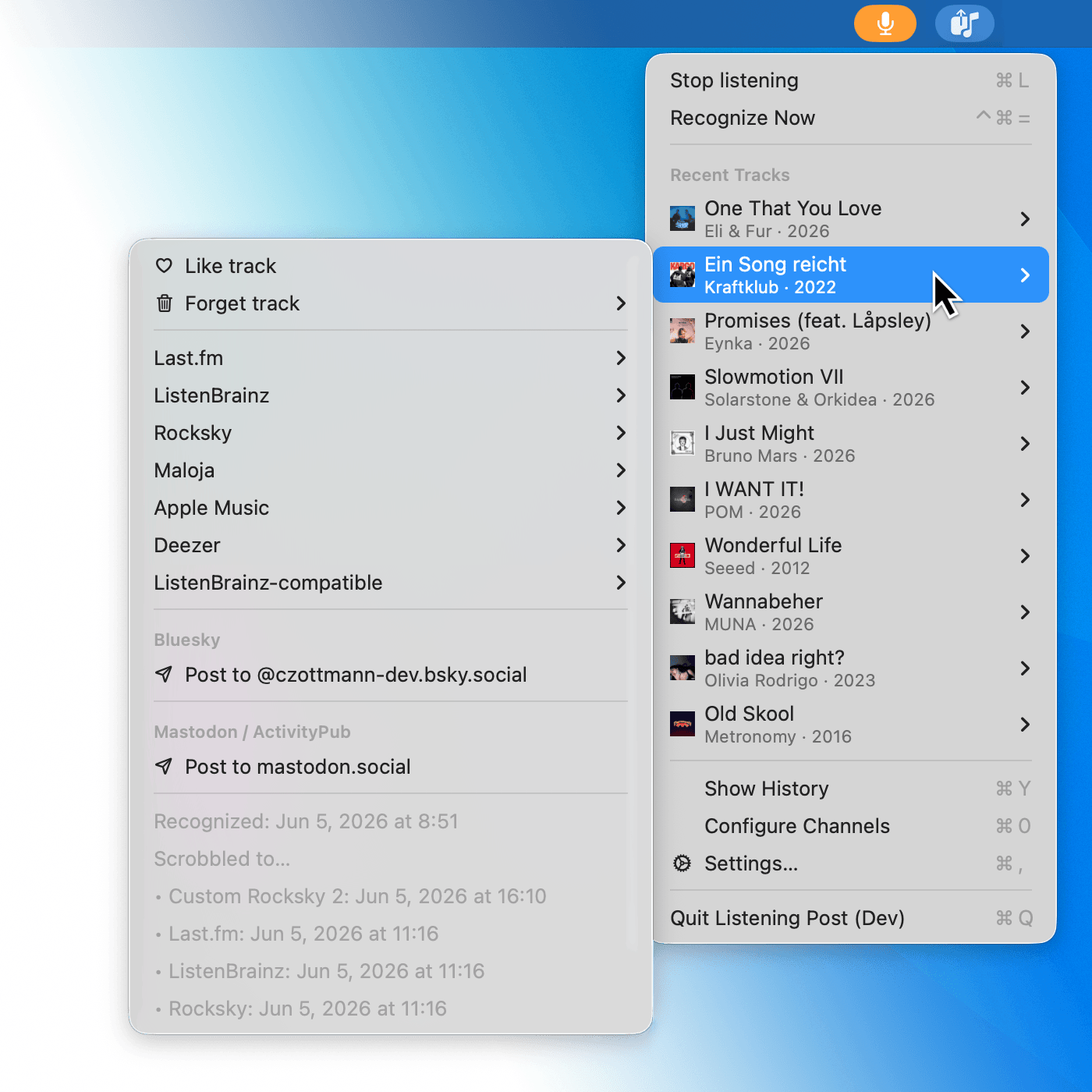 Screenshot of the Listening Post app window showing recognized tracks and channel settings.