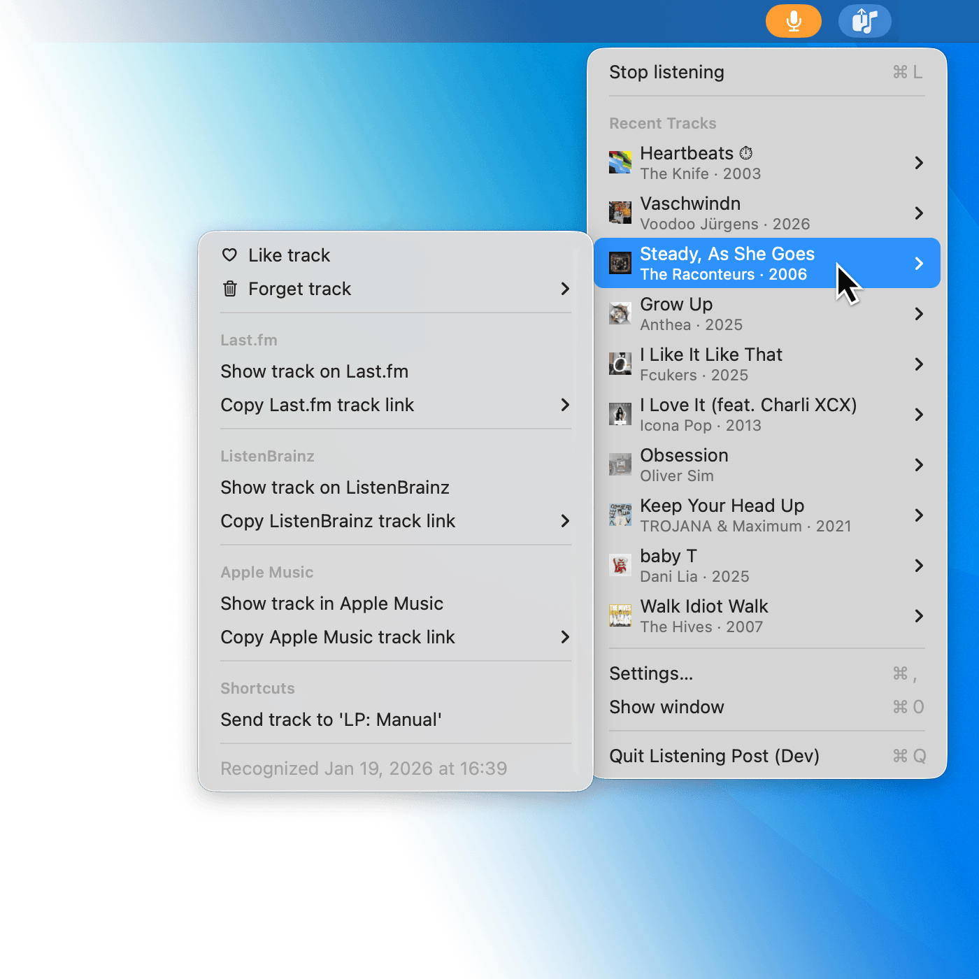 Screenshot of the Listening Post app window showing recognized tracks and channel settings.