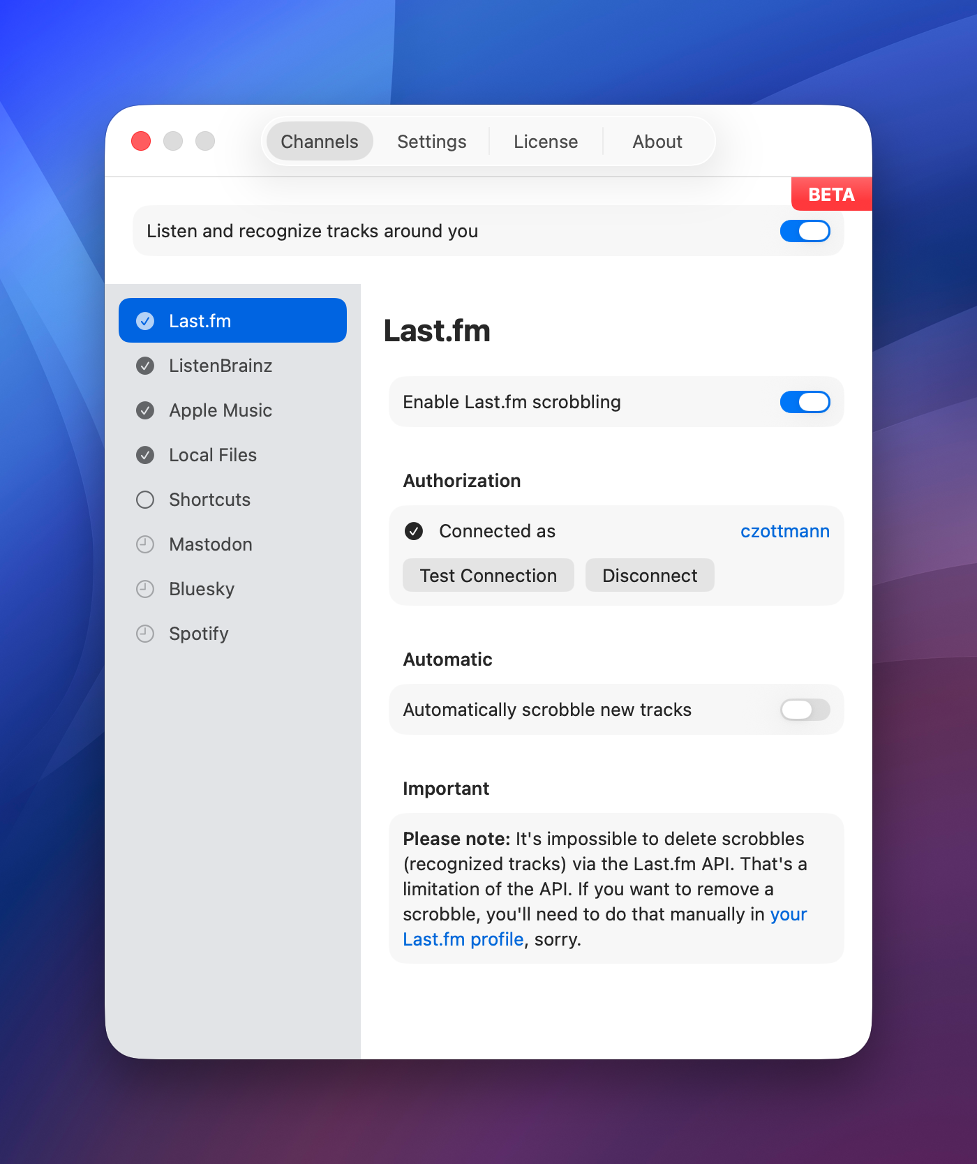 Screenshot of the Listening Post app window showing its channel configuration tab, with Last.fm selected.